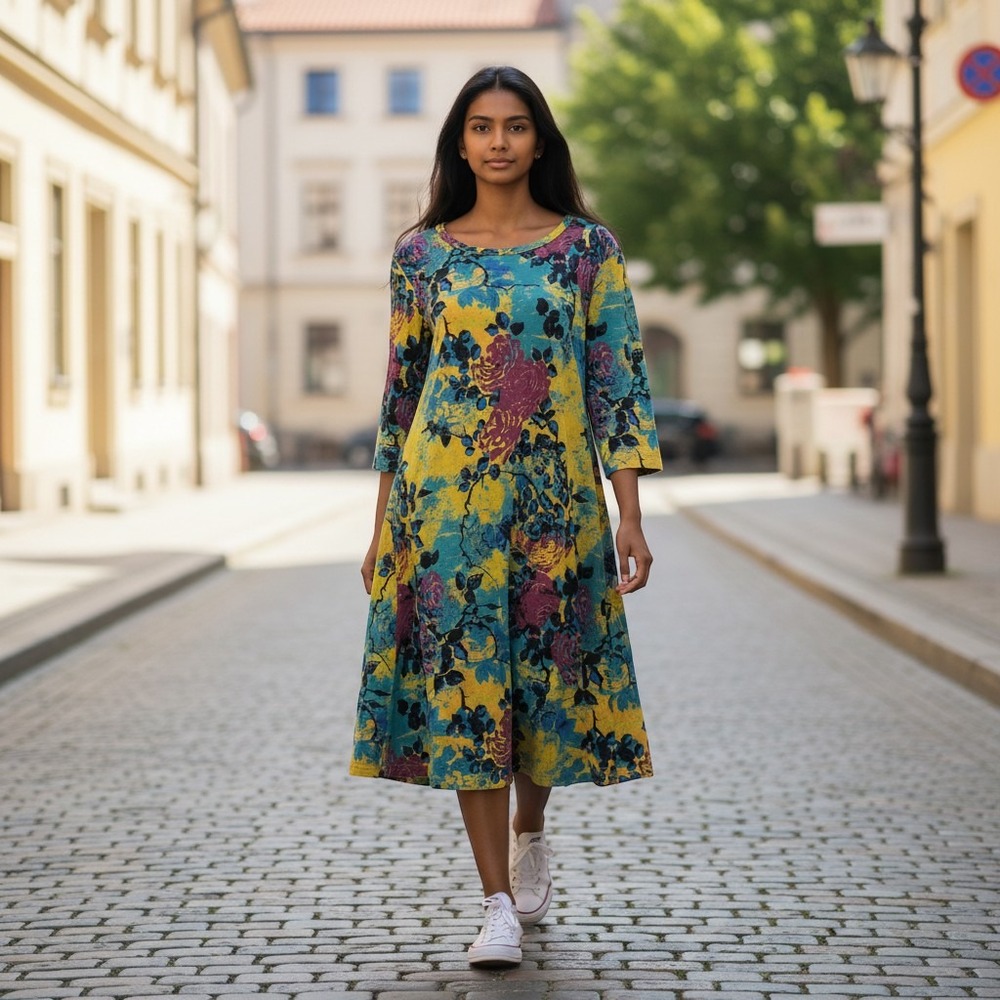 Peruvian Connection Citrus Zephirine Artsy Floral Midi Dress 3/4 Sleeve Large